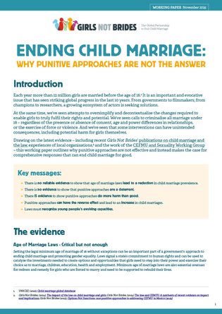 The front page of Girls Not Brides' working paper 'Ending child marriage: why punitive approaches are not the answer'.