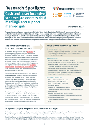 Front cover of the Research Spotlight, including an introduction to the source of the evidence and the reasons for focusing on cash & asset incentive schemes to address child marriage.